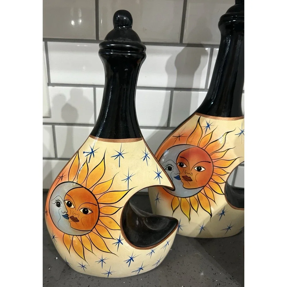 Set of 3 Celestial Sun & Moon Black Yellow‎ Decorative Jars Pitchers Bottles